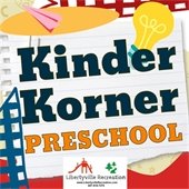 A torn sheet of notebook paper reads "Kinder Korner Preschool" in bold dark blue and orange font. The paper is surrounded by multicolored geometric shapes with a pink paper airplane and blue and yellow lightbulb.