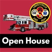 The background is red. In a black rectangle near the bottom is white text that says "Open House." Above it is a firetruck and a fire department logo.