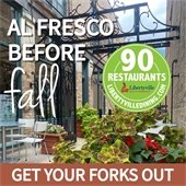 The background is a photo of an outdoor dining area underneath a metal awning. Text reads "Al fresco before fall."