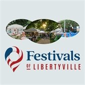 Text reads "Festivals of Libertyville" next to a location dot. Three bubbles are at the top with photos of street festivals.