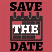 The background is rust red. A grey calendar shape is behind bold text that reads "Save the date."