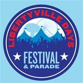 A dark blue circle is on a light blue background. Within the circle is a blue outline of circus tents, a ferris wheel, and a carnival ride with dark blue outlines of people overlapped. Text reads "Libertyville Days Festival and Parade."