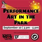 The background is brick red. A spotlight is in the top left corner next to a logo of the American flag in the shape of an L that says "Libertyville." There are gold stars in the right corner. Bold black text says "The Libertyville Arts Commission presents Performance Art in the Park." Beneath it reads "Performances by" with three black, red, and white logos.