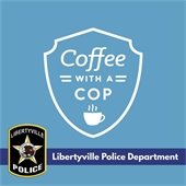 A blue background shows the outline of a badge with a cup of steaming coffee in the center. Text reads "Coffee with a Cop."