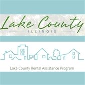 A light teal background has a logo that reads "Lake County Illinois" on a faded background of green leaves. Beneath it in a white box is a cartoon outline of a city with buildings and trees that says "Lake County Rental Assistance Program."