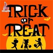 A yellow sun sits on an orange backdrop with a black ground. Black shadows in the shape of trick or treaters are in the center of the sun. Spooky font says "trick or treat."