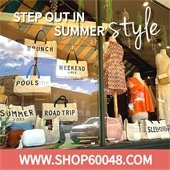 A storefront display showcases large beach toes and summer outfits. Text reads "Step out in summer style - www.Shop60048.com."