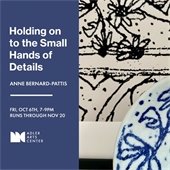 The left is a blue-grey background next to a close-up photo of ceramic art. Text says "Holding on to the Small Hands of Details."