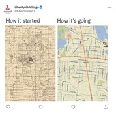 "How it started" vs. "how it's going" with side-by-side maps of Village