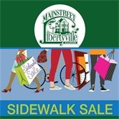 A cartoon of three people shopping says "Sidewalk Sales." The background of the cartoon is blue; the background of the image is dark green. Top center of the image is a white circle with a green MainStreet Libertyville logo.