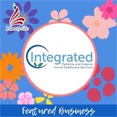 A light blue background holds multicolored flowers. In the center is a logo that reads "Integrated Palliative and Hospice Home Healthcare."
