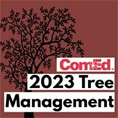The background is rust red. There is a black tree with leaves the curls up the left and into the center. Text reads "ComEd 2023 Tree Management."