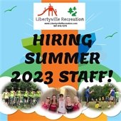 A light blue background features different shapes in orange and bright green. At the bottom are three white clouds with photos of summer staff. Bold black text in the center says "Hiring Summer 2023 Staff!"