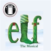 The background is light blue with a faint dark blue representing snow mounds. The world "elf" is in the center with a stocking as the letter L. Text reads "Elf the Musical."