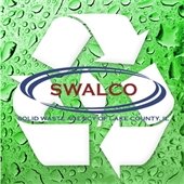 The background is a translucent green with condensation spots. In the center is a recycling symbol with the text "SWALCO - Solid Waste Agency of Lake County."