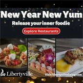 Three photos of dishes are at the bottom of the screen with text that reads "New Year New Yum - release your inner foodie." The background is gold-colored lights at night.
